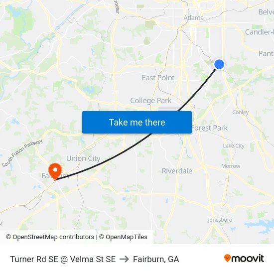 Turner Rd SE @ Velma St SE to Fairburn, GA map