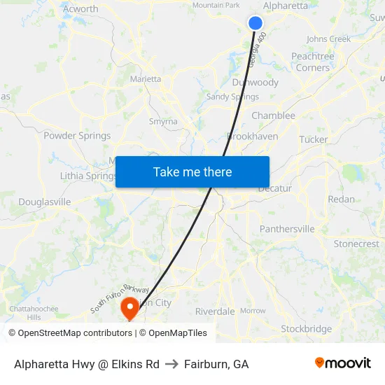 Alpharetta Hwy @ Elkins Rd to Fairburn, GA map