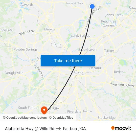 Alpharetta Hwy @ Wills Rd to Fairburn, GA map