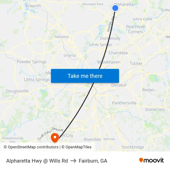 Alpharetta Hwy @ Wills Rd to Fairburn, GA map
