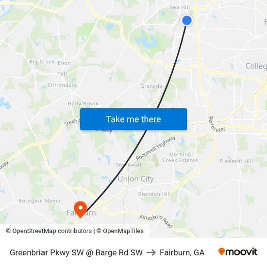 Greenbriar Pkwy SW @ Barge Rd SW to Fairburn, GA map