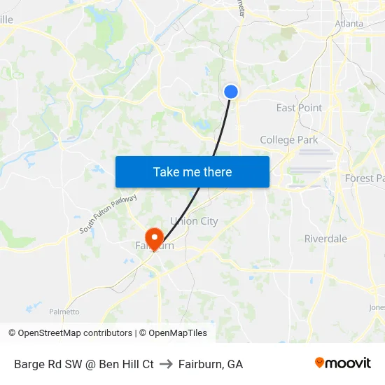 Barge Rd SW @ Ben Hill Ct to Fairburn, GA map