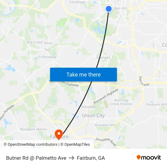 Butner Rd @ Palmetto Ave to Fairburn, GA map