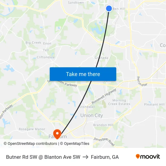 Butner Rd SW @ Blanton Ave SW to Fairburn, GA map