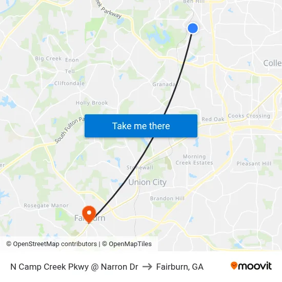 N Camp Creek Pkwy @ Narron Dr to Fairburn, GA map