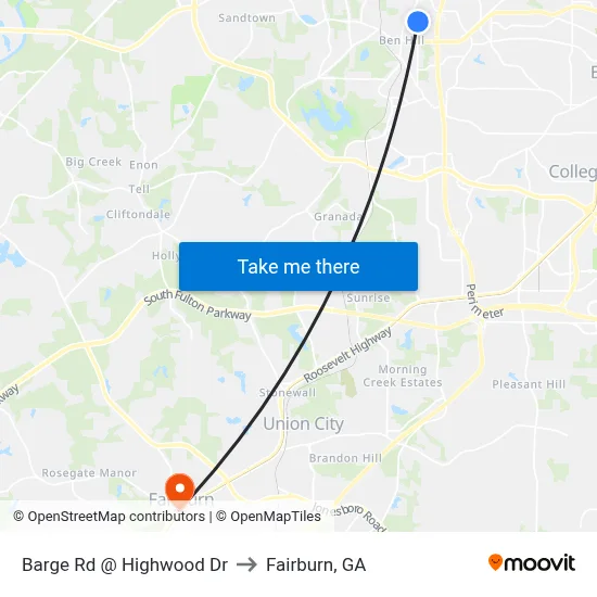 Barge Rd @ Highwood Dr to Fairburn, GA map