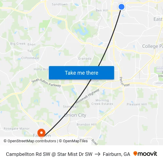 Campbellton Rd SW @ Star Mist Dr SW to Fairburn, GA map