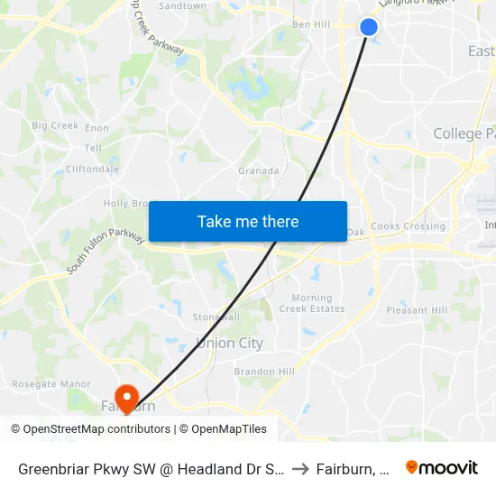 Greenbriar Pkwy SW @ Headland Dr SW to Fairburn, GA map