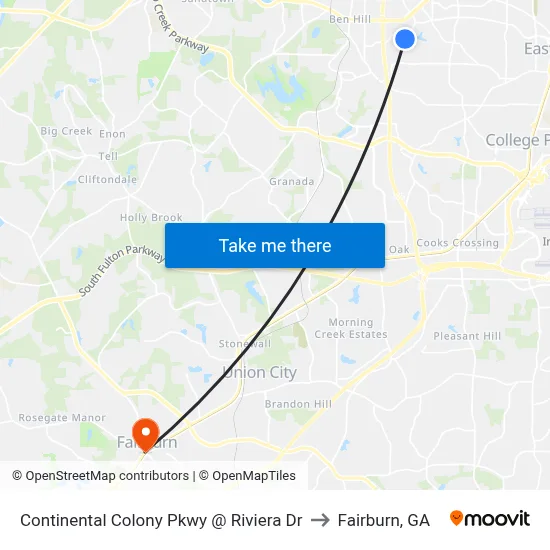 Continental Colony Pkwy @ Riviera Dr to Fairburn, GA map