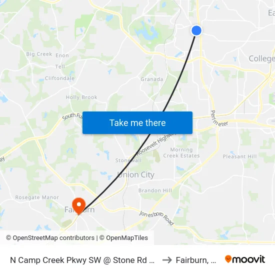 N Camp Creek Pkwy SW @ Stone Rd SW to Fairburn, GA map