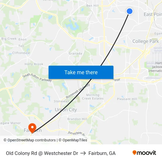 Old Colony Rd @ Westchester Dr to Fairburn, GA map