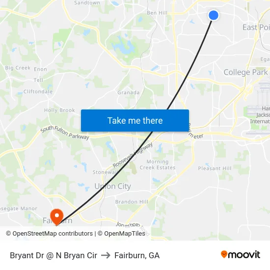 Bryant Dr @ N Bryan Cir to Fairburn, GA map