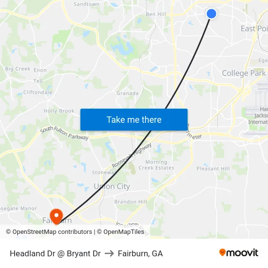 Headland Dr @ Bryant Dr to Fairburn, GA map