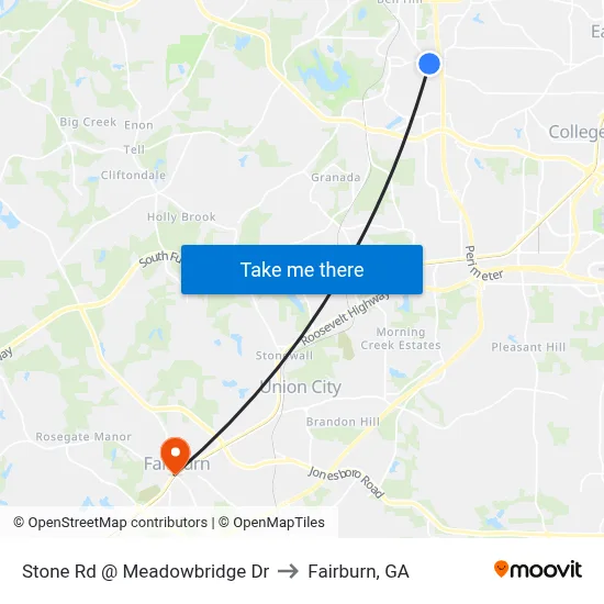 Stone Rd @ Meadowbridge Dr to Fairburn, GA map