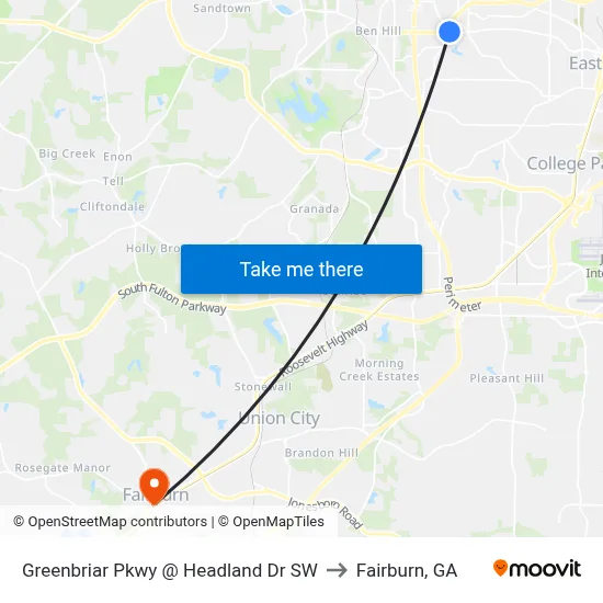 Greenbriar Pkwy @ Headland Dr SW to Fairburn, GA map