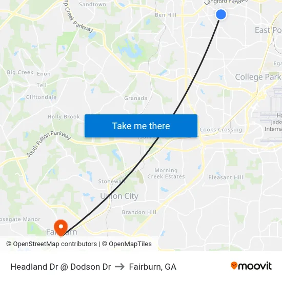 Headland Dr @ Dodson Dr to Fairburn, GA map