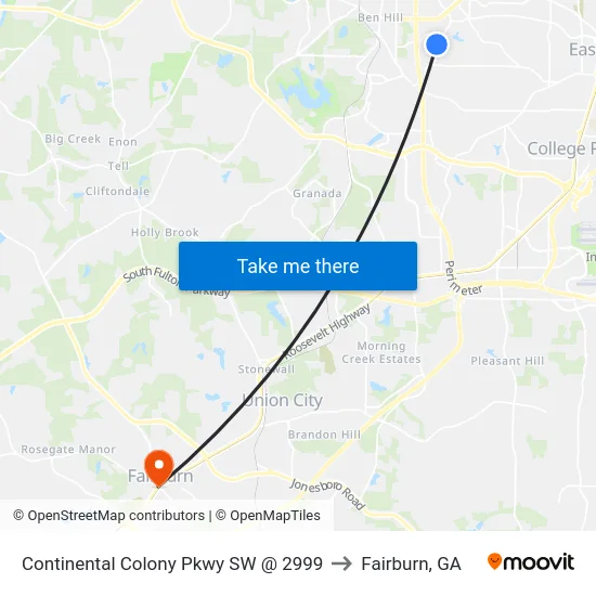 Continental Colony Pkwy SW @ 2999 to Fairburn, GA map