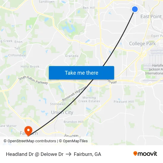 Headland Dr @ Delowe Dr to Fairburn, GA map
