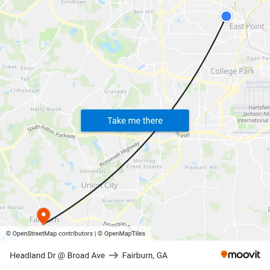 Headland Dr @ Broad Ave to Fairburn, GA map
