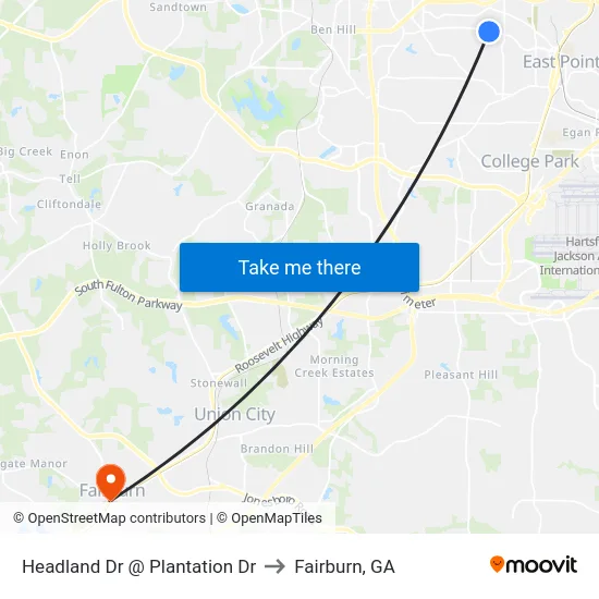 Headland Dr @ Plantation Dr to Fairburn, GA map