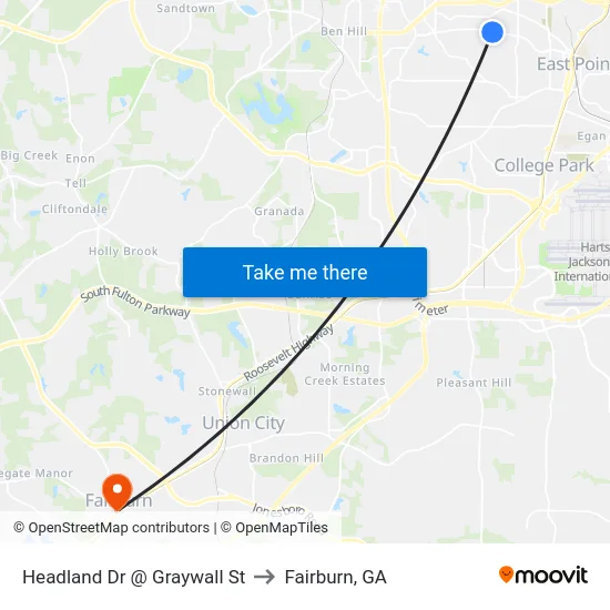 Headland Dr @ Graywall St to Fairburn, GA map