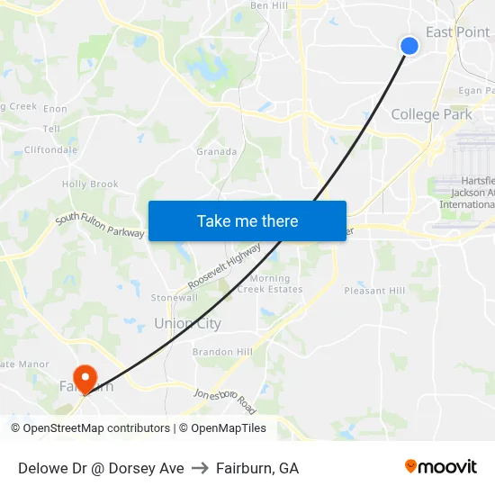 Delowe Dr @ Dorsey Ave to Fairburn, GA map