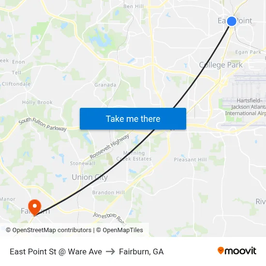 East Point St @ Ware Ave to Fairburn, GA map