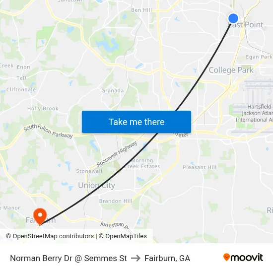 Norman Berry Dr @ Semmes St to Fairburn, GA map