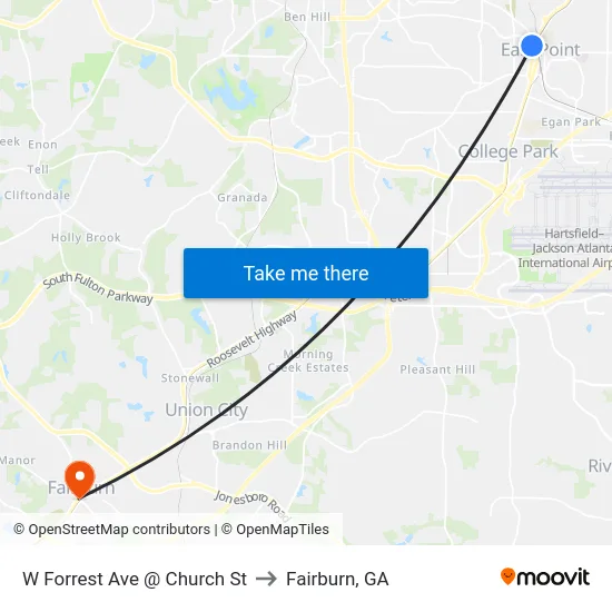 W Forrest Ave @ Church St to Fairburn, GA map