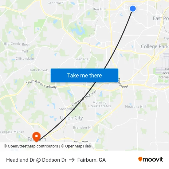 Headland Dr @ Dodson Dr to Fairburn, GA map