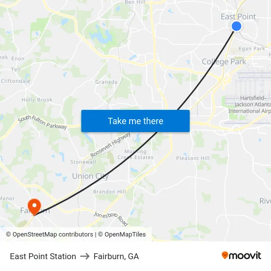 East Point Station to Fairburn, GA map