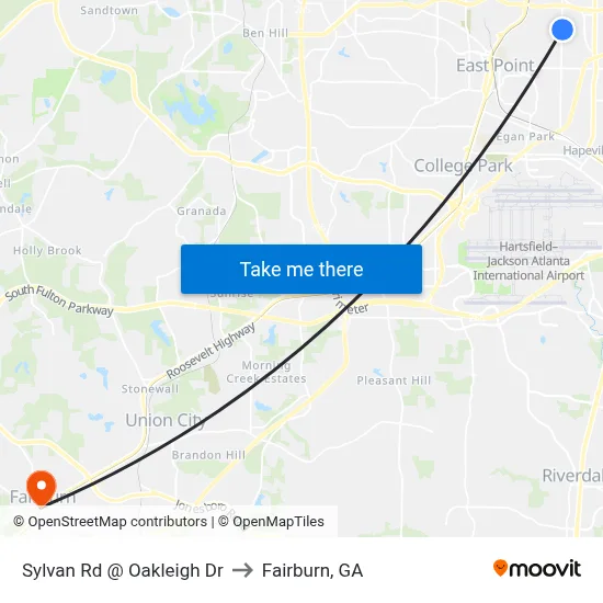 Sylvan Rd @ Oakleigh Dr to Fairburn, GA map