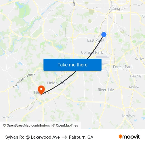 Sylvan Rd @ Lakewood Ave to Fairburn, GA map