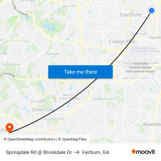 Springdale Rd @ Brookdale Dr to Fairburn, GA map