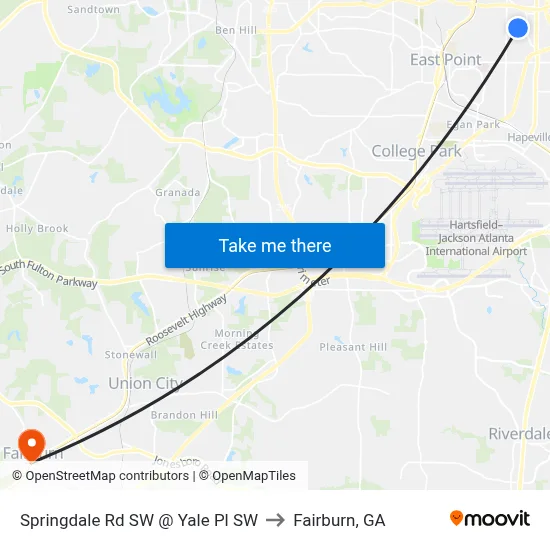 Springdale Rd SW @ Yale Pl SW to Fairburn, GA map