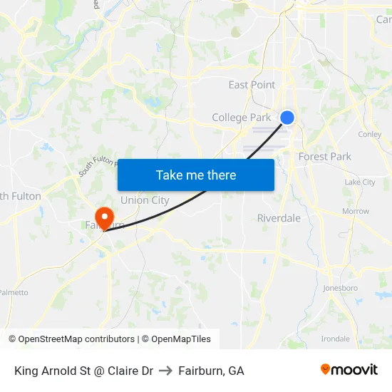 King Arnold St @ Claire Dr to Fairburn, GA map