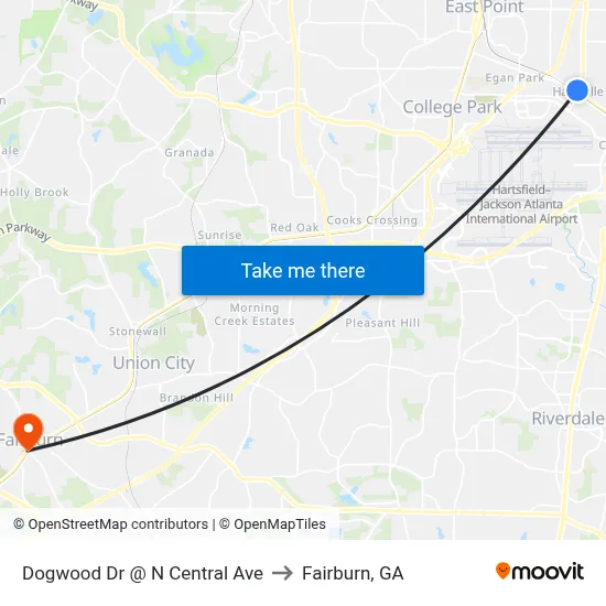 Dogwood Dr @ N Central Ave to Fairburn, GA map