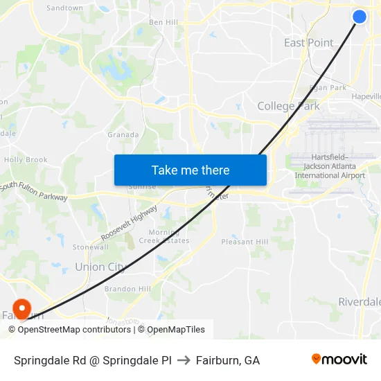 Springdale Rd @ Springdale Pl to Fairburn, GA map