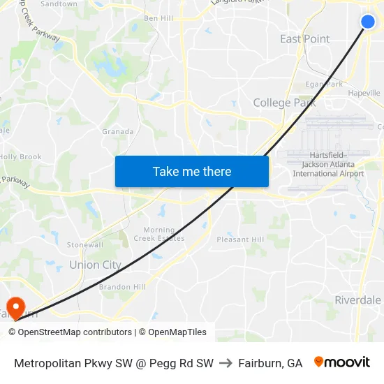Metropolitan Pkwy SW @ Pegg Rd SW to Fairburn, GA map