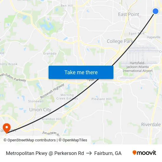 Metropolitan Pkwy @ Perkerson Rd to Fairburn, GA map