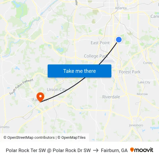 Polar Rock Ter SW @ Polar Rock Dr SW to Fairburn, GA map
