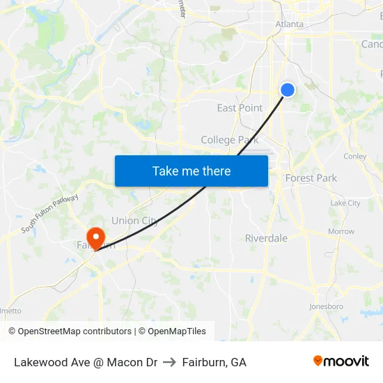 Lakewood Ave @ Macon Dr to Fairburn, GA map