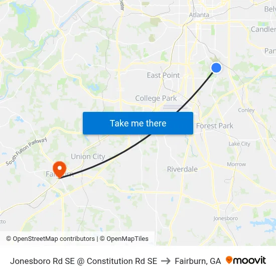 Jonesboro Rd SE @ Constitution Rd SE to Fairburn, GA map