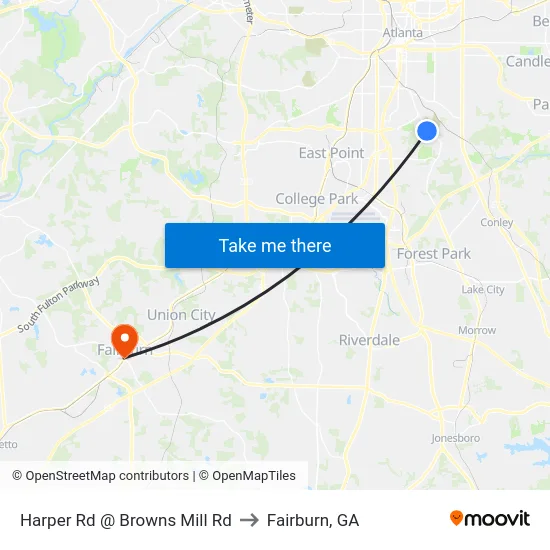Harper Rd @ Browns Mill Rd to Fairburn, GA map