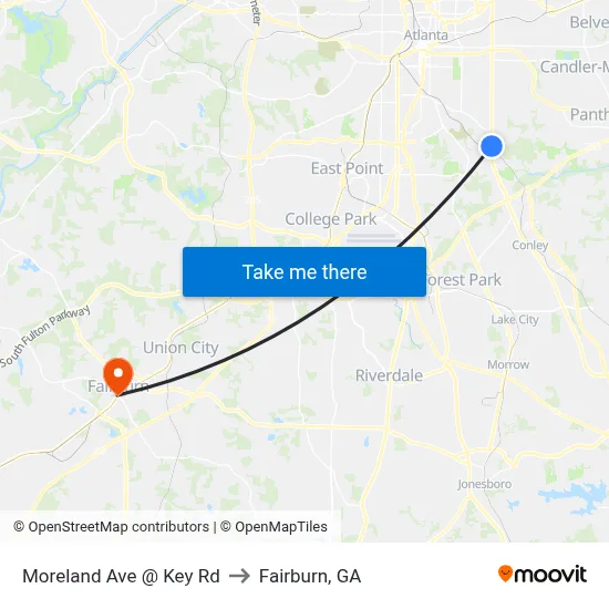 Moreland Ave @ Key Rd to Fairburn, GA map