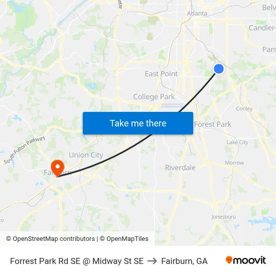 Forrest Park Rd SE @ Midway St SE to Fairburn, GA map