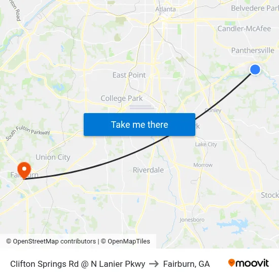 Clifton Springs Rd @ N Lanier Pkwy to Fairburn, GA map