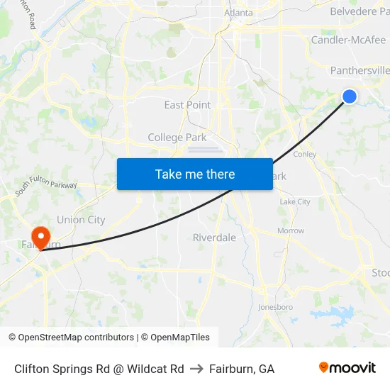 Clifton Springs Rd @ Wildcat Rd to Fairburn, GA map