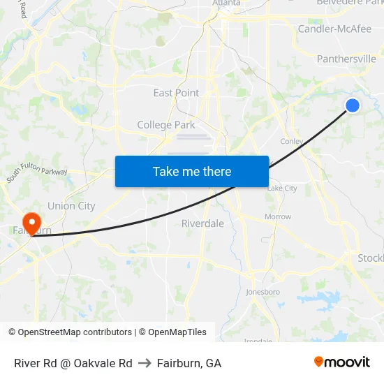 River Rd @ Oakvale Rd to Fairburn, GA map