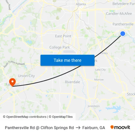 Panthersville Rd @ Clifton Springs Rd to Fairburn, GA map